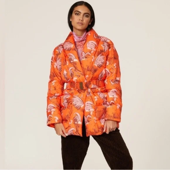 Rachel Antonoff Midi-Length Toni Puffer Jacket Orange Roaster Print - Picture 1 of 16